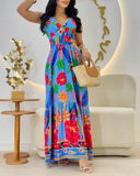 Floral Print Spaghetti Strap Shireed Maxi Dress Casual A Line Waist Flared Dress