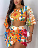 Floral Print Crop Top & Tied Detail Skirt Set
