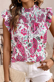 Rose Paisley Floral Smocked Frilled Neck Flutter Sleeve Blouse