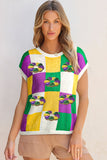 Tillandsia Purple Sequin Doughnut Graphic Colorblock Checkered Short Sleeve Sweater