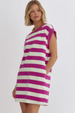 Rose Stripe Cap Sleeve Pocketed Shift T-shirt Dress