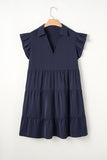 Navy Blue Collared V Neck Flutter Sleeve Tiered Plus Size Dress