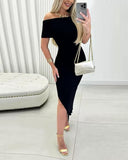 Off Shoulder Side Slit Knit Bodycon Dress