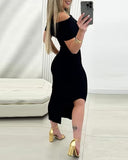 Off Shoulder Side Slit Knit Bodycon Dress