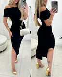 Off Shoulder Side Slit Knit Bodycon Dress