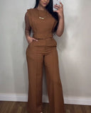 2 Pieces Round Neck Cap Sleeve Crop Top and Casual Pocket Design Straight Pants Set