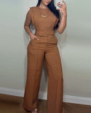 2 Pieces Round Neck Cap Sleeve Crop Top and Casual Pocket Design Straight Pants Set