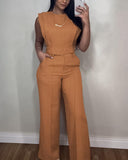 2 Pieces Round Neck Cap Sleeve Crop Top and Casual Pocket Design Straight Pants Set