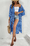 Blue Floral Print Side Slit Open Front Long Kimono