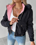 Fuzzy Trim Hooded Zip Up Pocket Design Lined Coat