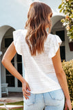 White Lace Neckline Flutter Sleeve Eyelets Blouse