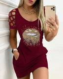 Rhinestone Lip Pattern Pocket Design Bodycon Dress