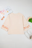 Beige Plus Size Flower Patched Side Slits Crewneck Top