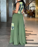 2 Pieces Outfit Ombre Print V Neck Sleeveless Vest and Casual High Waist Wide Leg Pants with Cargo Pockets