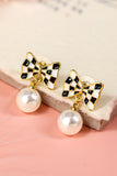 Black Checkered Bow Knot Pearl Pendant Stud Earrings