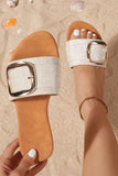Beige Buckle Decor Linen Upper Flat Slippers