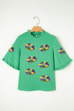 Green Sequin Doughnut Graphic Ruffled Trim Bell Sleeve Mardi Gras Blouse