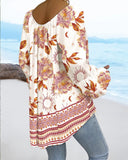 Tribal Print Tassel Design Lantern Sleeve Shirred Blouse Casual Top