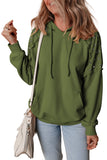 Vineyard Green Solid Color Rivet Stud Raglan Sleeve Hoodie with Pocket