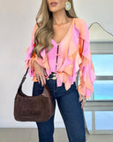 V Neck Shoulder Asymmetrical Ruffles Blouse Casual Button Front Long Sleeve Top