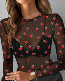 Floral Print Round Neck Long Sleeve T Shirt Casual Slim Fit Sheer Top