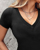 V Neck Short Sleeve Ribbed T Shirt Casual Slim Fit Top