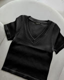 V Neck Short Sleeve Ribbed T Shirt Casual Slim Fit Top