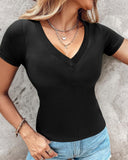 V Neck Short Sleeve Ribbed T Shirt Casual Slim Fit Top
