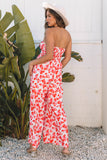 Pink Floral Print Twisted Bandeau Keyhole Pleated Wide Leg Jumpsuit