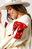 Beige Sequin Bow Decor Drop Shoulder Christmas Sweatshirt