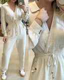 Lapel V neck Collar Shirred Drawstring Waist Jumpsuit