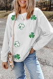 White Sequin Clover Patched Drop Shoulder Corded Sweatshirt