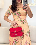 Floral Print Square Neck Waist Shirred Midi Dress Casual Puff Sleeve A Line Pleated Dress