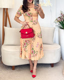 Floral Print Square Neck Waist Shirred Midi Dress Casual Puff Sleeve A Line Pleated Dress