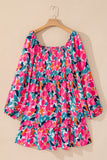 Rose Flower Print Smocked Square Neck Plus Size Dress