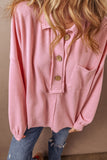 Pink Ribbed Knit Collared Henley Top with Chest Pocket