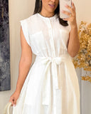 Sleeveless Button Front Tied Detail Midi Dress Casual Waist Pocket Design Dress