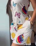 Butterfly Cartoon Print Pocket Design Back Shirred Romper