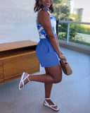 Floral Print Asymmetrical Neck Sleeveless Bodysuit Elastic waist Rompers with Pocket