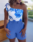 Floral Print Asymmetrical Neck Sleeveless Bodysuit Elastic waist Rompers with Pocket