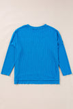 Blue Ribbed Exposed Seam Knit V Neck Long Sleeve Top