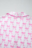 Pink Bowknot Printed Short Sleeve and Ruffled Shorts Valentines Pajama Set