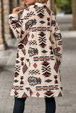 Apricot Western Aztec Printed Fleece Buttoned Front Midi Length Coat