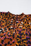 Orange Leopard Printed Draped Short Sleeve Slit V Neck Blouse