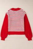 Red Stripe Lantern Sleeve V Neck Collared Drop Shoulder Sweater