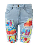 Melting Colors Print Colorblock Patchwork Denim Shorts