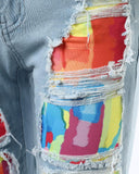 Melting Colors Print Colorblock Patchwork Denim Shorts