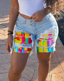 Melting Colors Print Colorblock Patchwork Denim Shorts