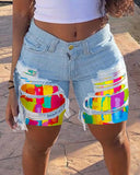 Melting Colors Print Colorblock Patchwork Denim Shorts