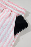 Pink Stripe Knitted Short Sleeve Top and Drawstring Shorts Set